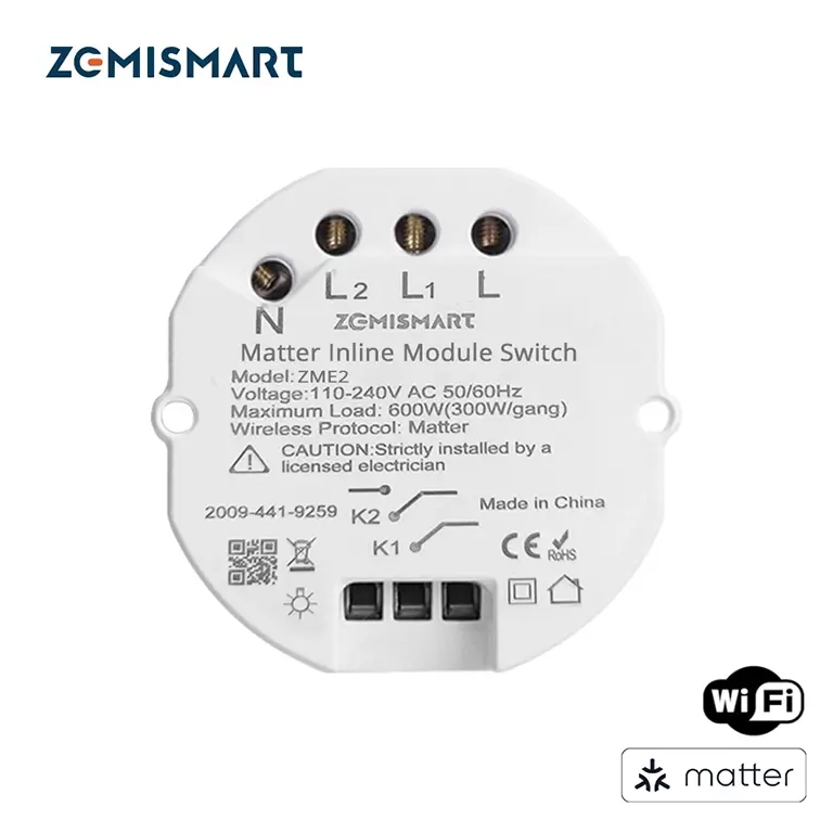 Zemismart Matter over WiFi 2-Gang Inline Module Switch Smart Relay Breaker ZME2