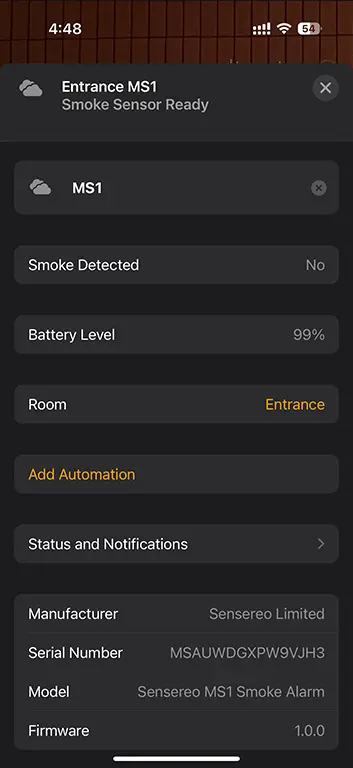 Sensereo MS-1 accessory settings in Apple Home