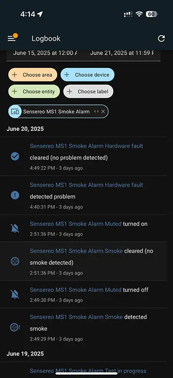 Home Assistant events log for Sensereo MS-1