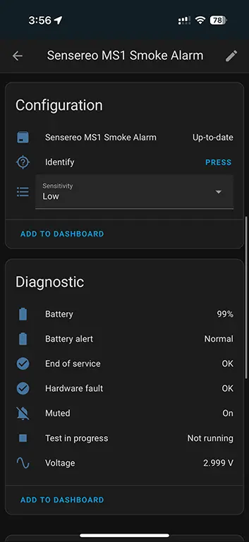 Sensereo MS-1 Device Configuration and Diagnostics in Home Assistant
