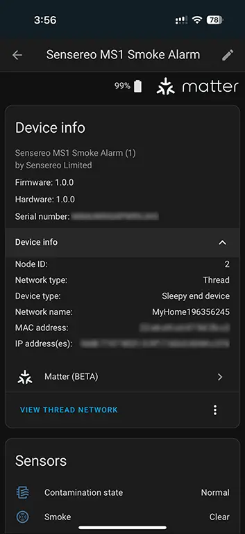 Sensereo MS-1 Device Info in Home Assistant