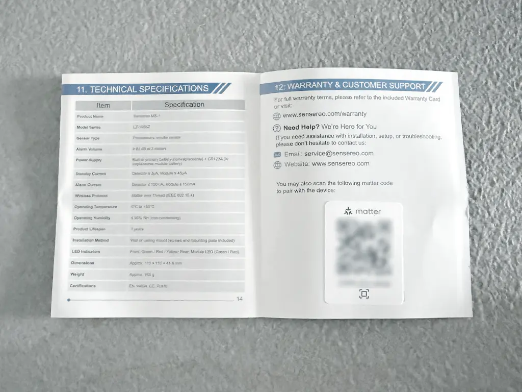 Additional Matter code located in the Sensereo MS-1 user manual