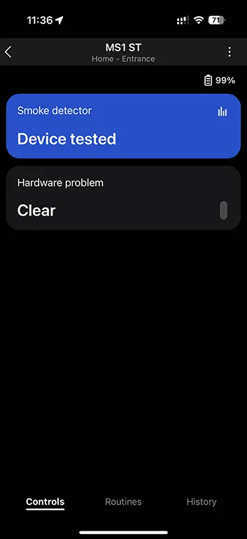 Sensereo MS-1 self-test status in Samsung SmartThings