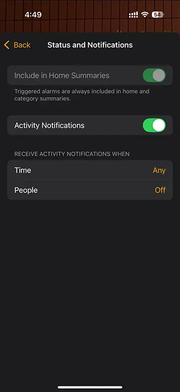 Sensereo MS-1 status and notification settings in Apple Home