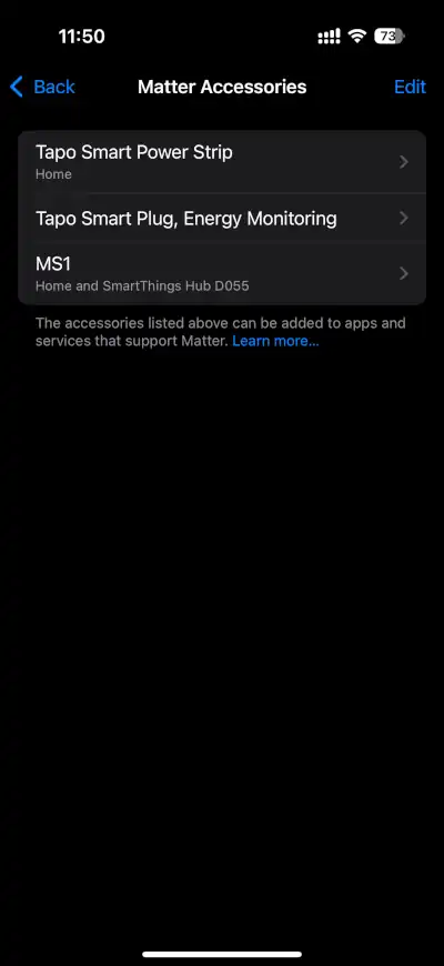 View Matter Accesories in iOS Settings