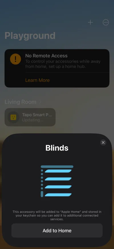 During setup, Apple Home detects the Zemismart MTP1 driver as a blind device type