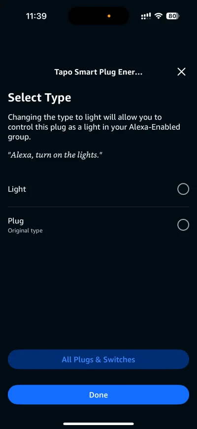 Tapo P110M select Alexa device type