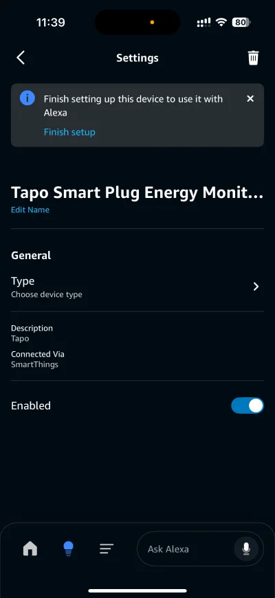 Tapo P110M settings on Alexa