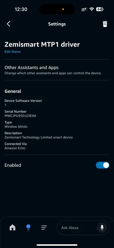 Zemismart MTP1 settings in Alexa