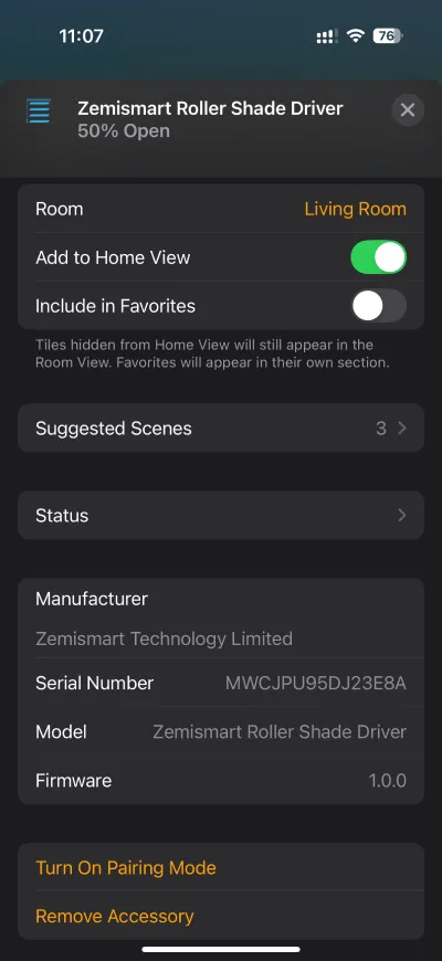 Zemismart MTP1 device information in Apple Home