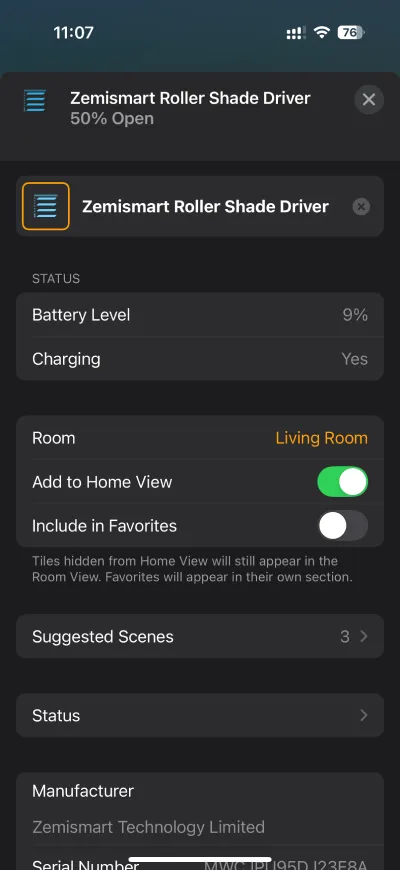 Zemismart MTP1 accessory details screen in Apple Home