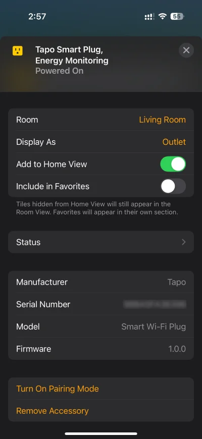 Tapo P110M settings on Apple Home