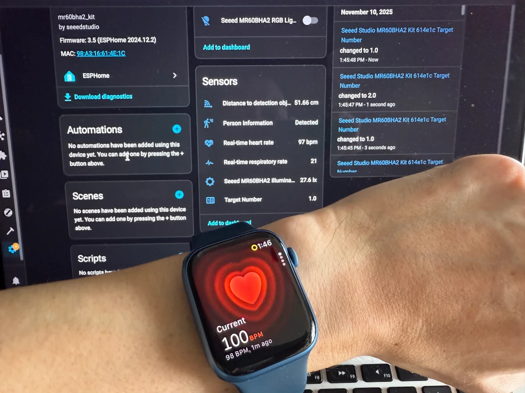 Comparing heartbeat detection on Apple Watch and XIAO MR60BHA2 sensor