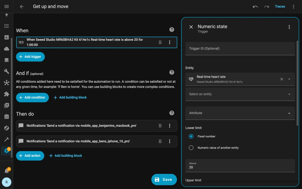 Set up Home Assistant automation to alert when a person has been sitting for an hour