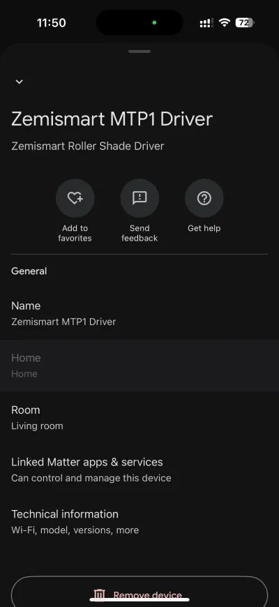 Zemismart MTP1 device settings in Google Home