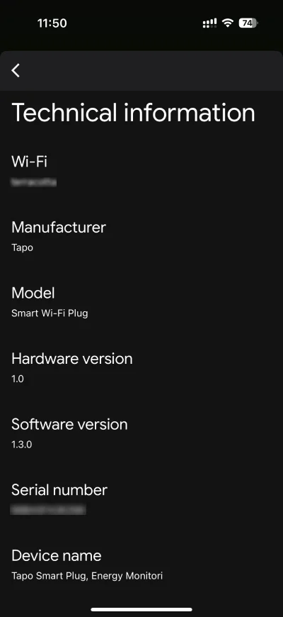 Tapo P110M Technical information on Google Home