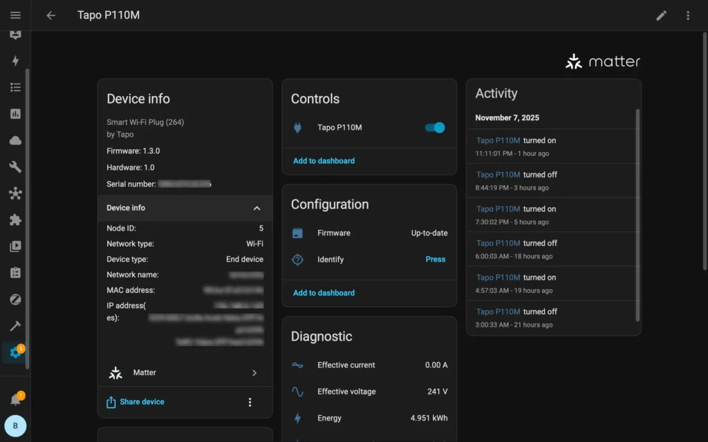 Tapo P110M device details on Home Assistant