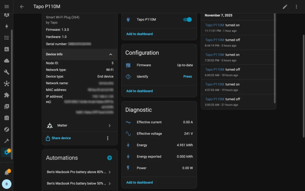 Tapo P110M diagnostic entities on Home Assistant