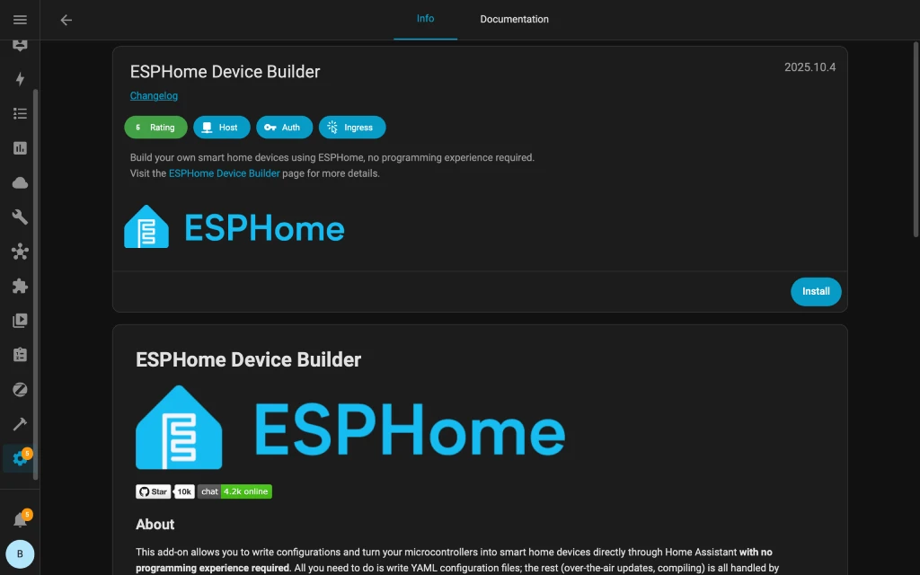 ESPHome add-on setup screen in Home Assistant
