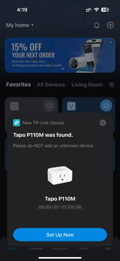 Screencast of Tapo P110M setup on the Tapo app