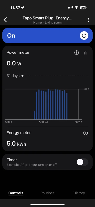 Tapo P110M control screen on SmartThings