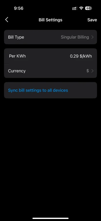Tapo P110M bill settings screen