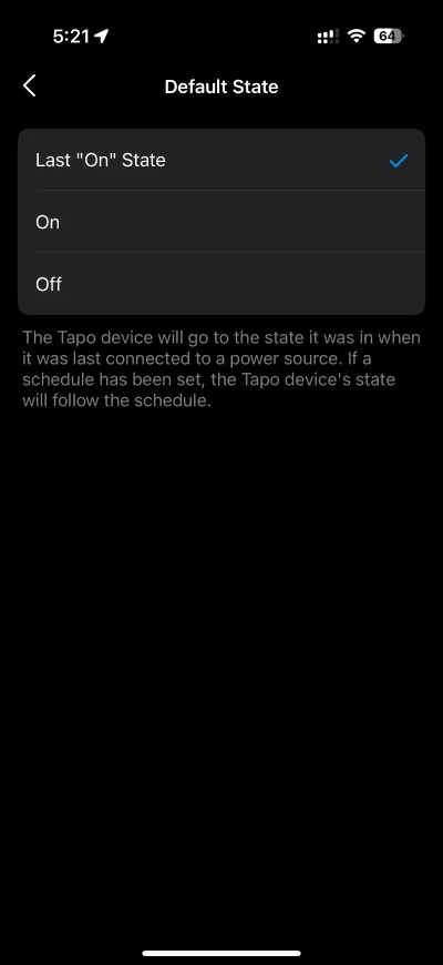 Set Tapo P110M default state in Tapo app