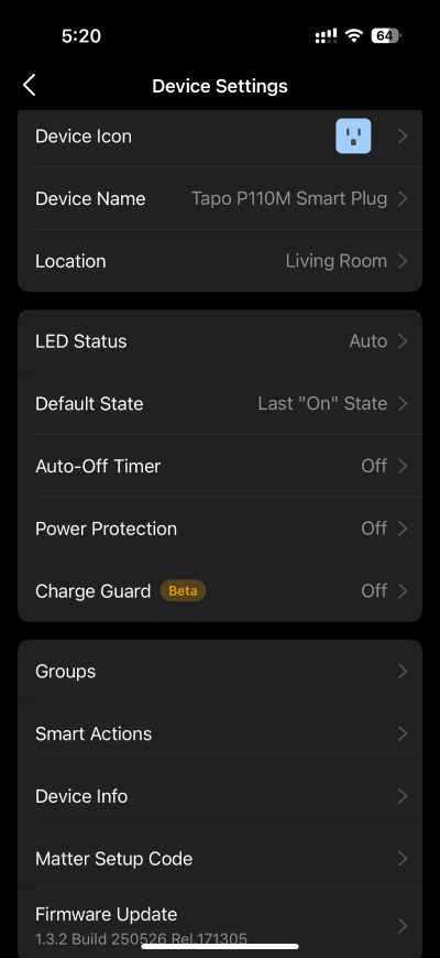 Tapo P110M device settings on Tapo app
