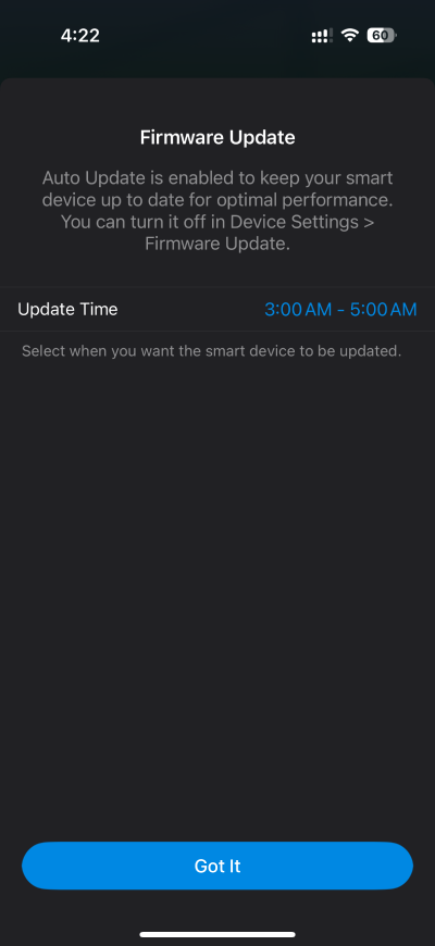 Tapo P110M firmware auto update schedule on Tapo app