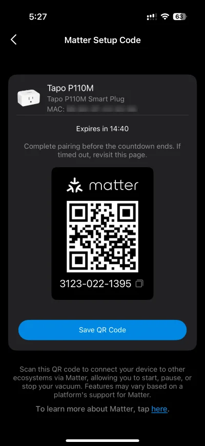 Using Tapo app to generate Matter setup code for Tapo P110M