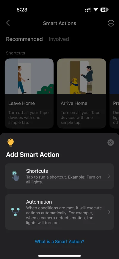 Smart Action screen on Tapo app
