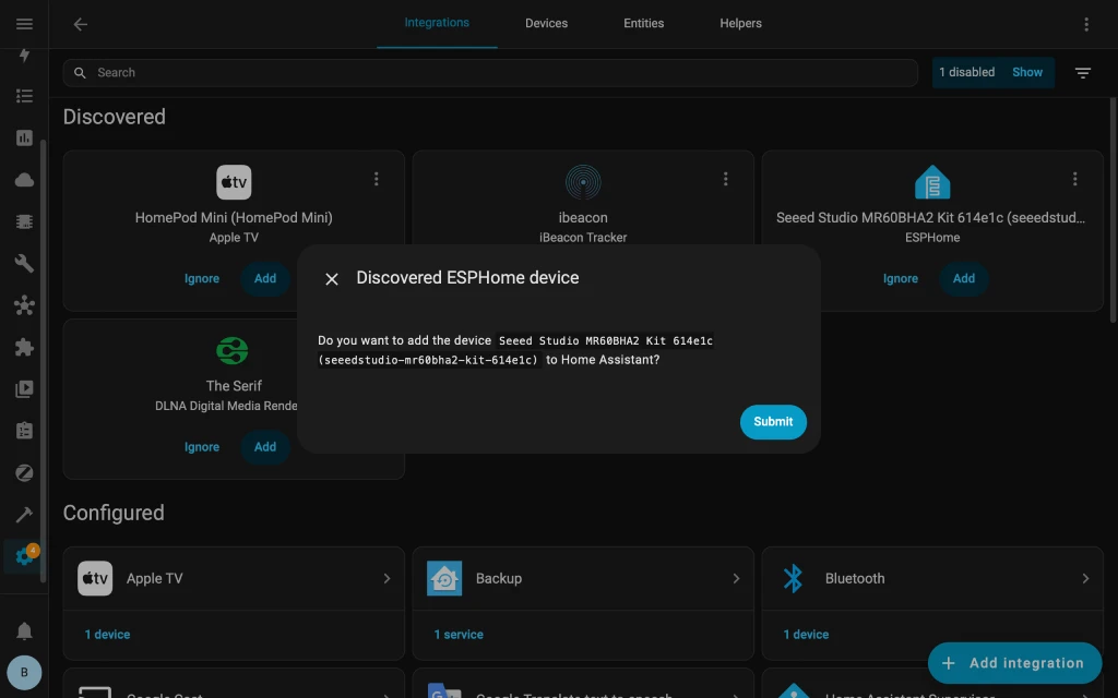 XIAO MR60BHA2 sensor discovered automatically in Home Assistant