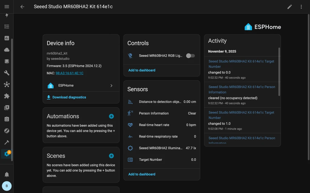 XIAO MR60BHA2 sensor entities in Home Assistant