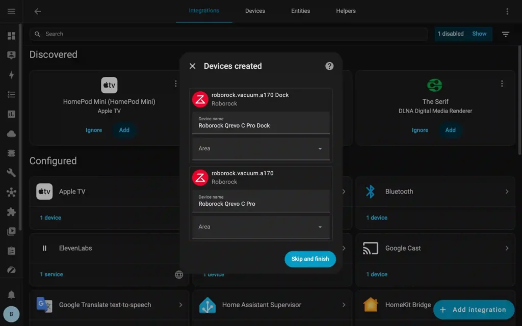Home Assistant interface showing the Roborock Qrevo C Pro robot and dock devices after a successful setup