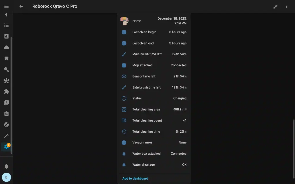 Roborock Qrevo C Pro diagnostic entities in Home Assistant Roborock Integration (2 of 2)