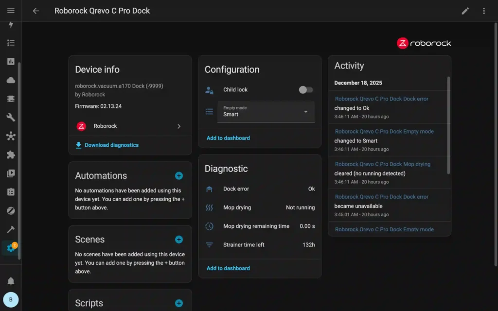 Roborock Qrevo C Pro docking station device details in Home Assistant Roborock Integration
