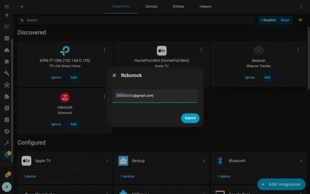 Email login screen for the Roborock integration setup in Home Assistant