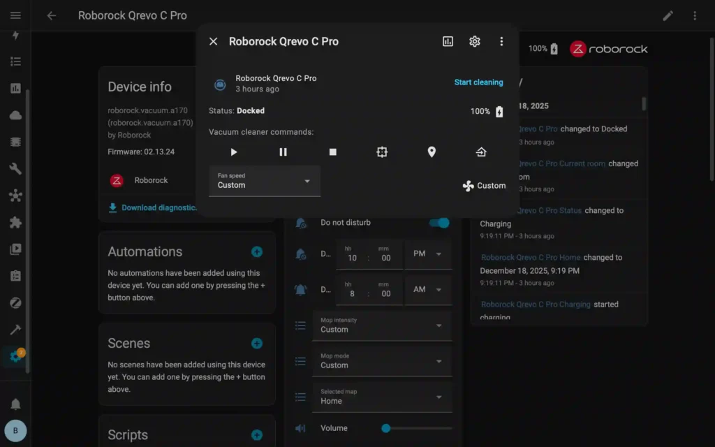 Roborock Qrevo C Pro robot controls in Home Assistant Roborock Integration