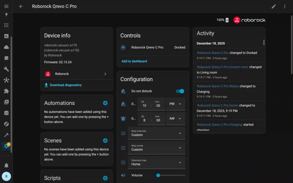 Roborock Qrevo C Pro device details in Home Assistant Roborock Integration