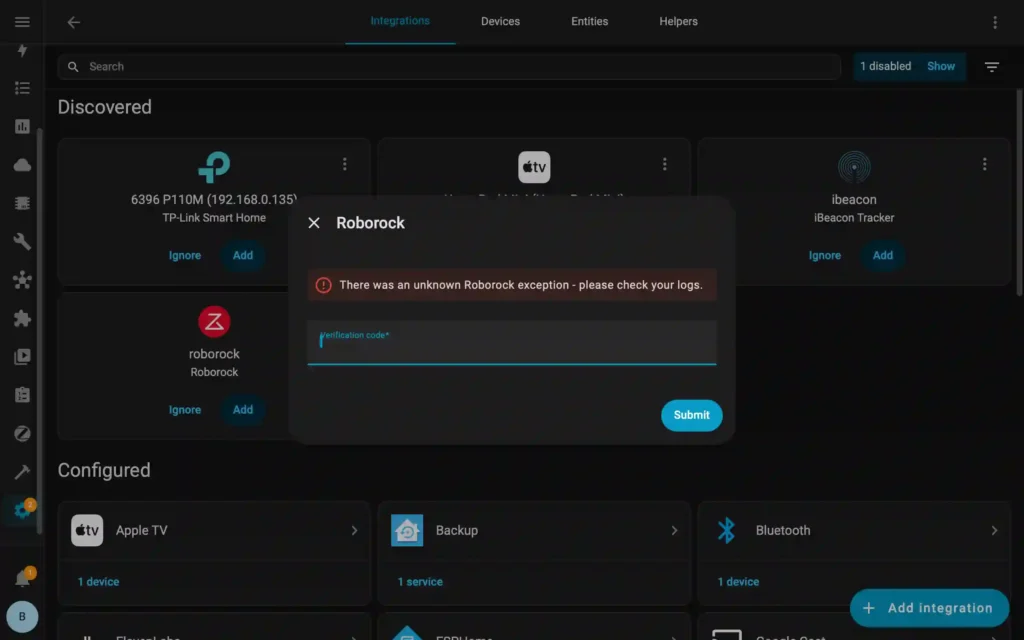 Home Assistant Roborock Integration setup error