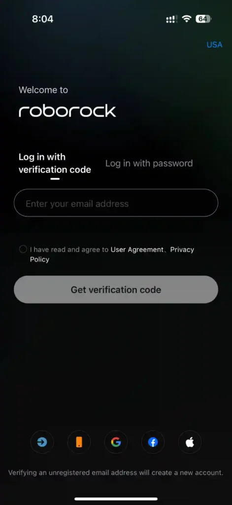 Create account screen on Roborock App