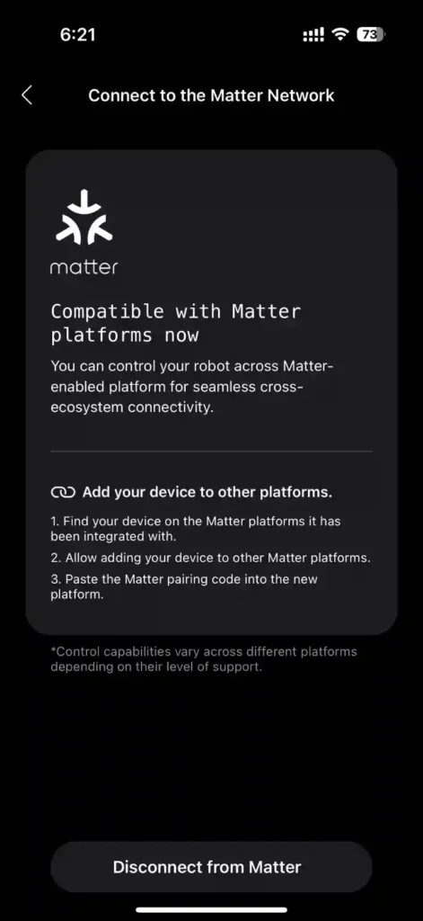 Disconnect from Matter option in Roborock App