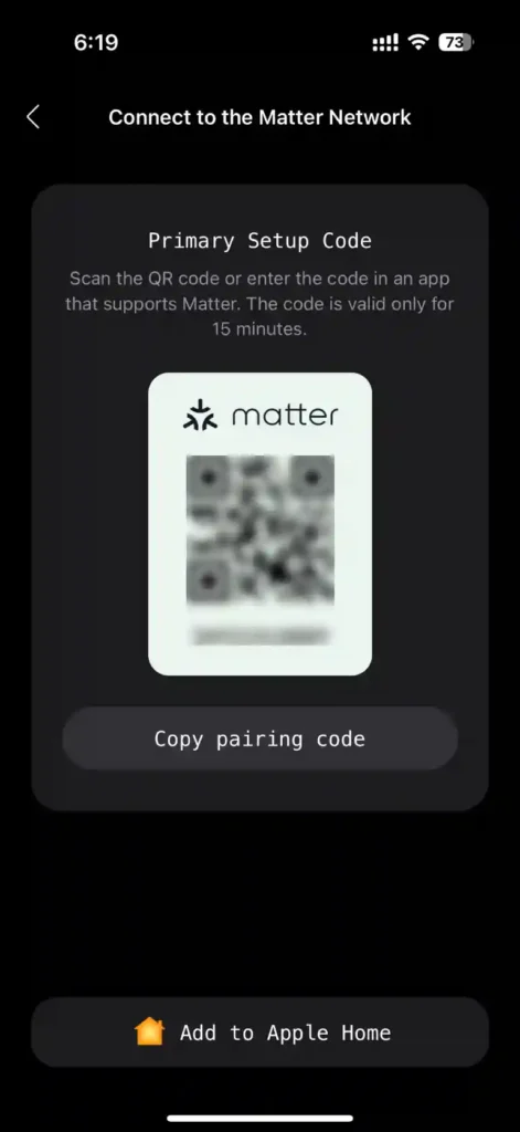Matter setup code in the Roborock App
