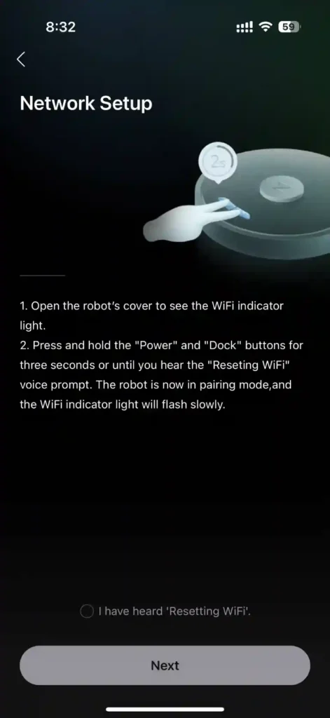 Network setup on Roborock App