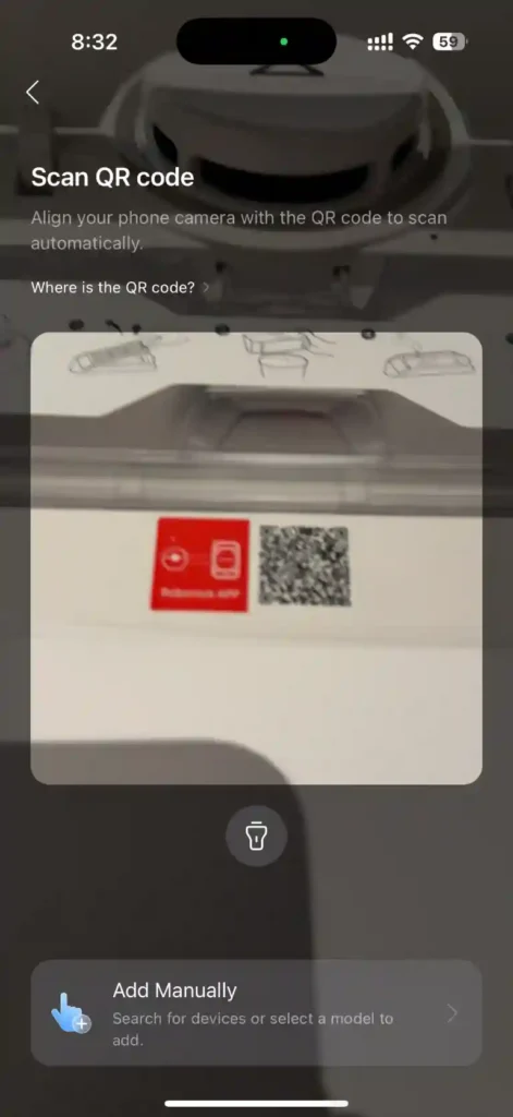 Scanning setup QR code with Roborock App