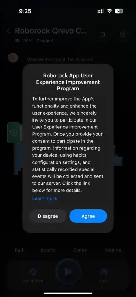 Opt-in to Roborock's user experience improvement program on Roborock App