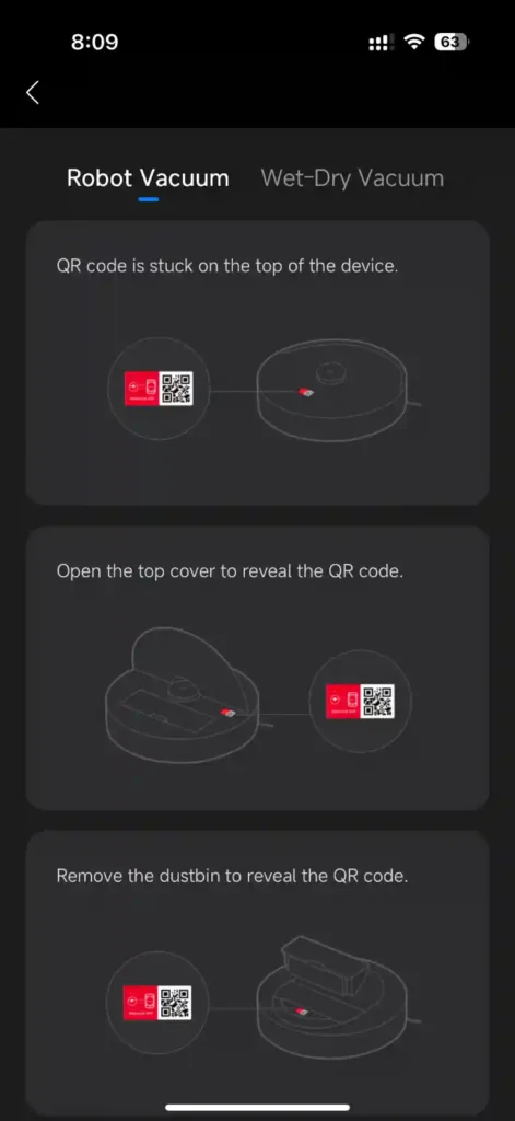 Guide to find setup QR code on Roborock App