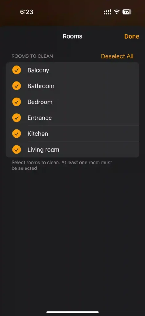 Roborock Qrevo C Pro room cleaning selection in Apple Home