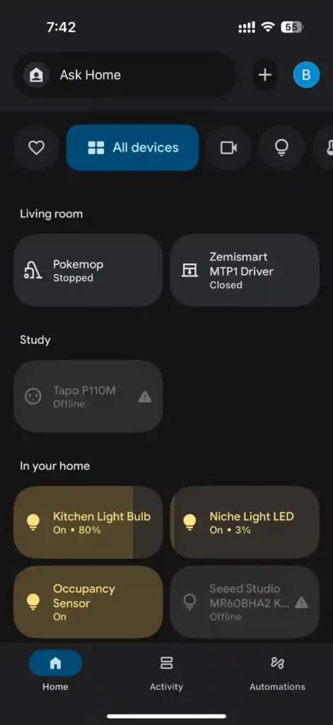 Roborock Qrevo C Pro tile on Google Home