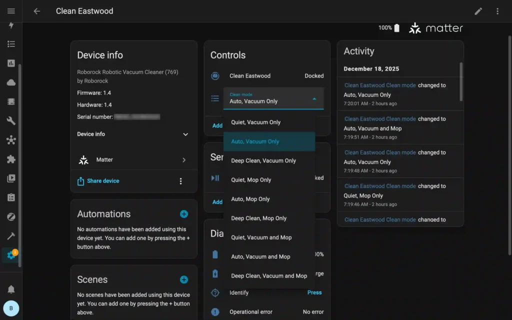Roborock Qrevo C Pro clean mode selection in Home Assistant Matter Integration